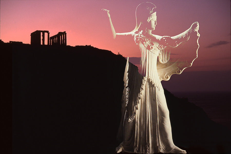 Minerva, the Roman goddess of wisdom and strategic warfare, depicted with her majestic temple in the background.
