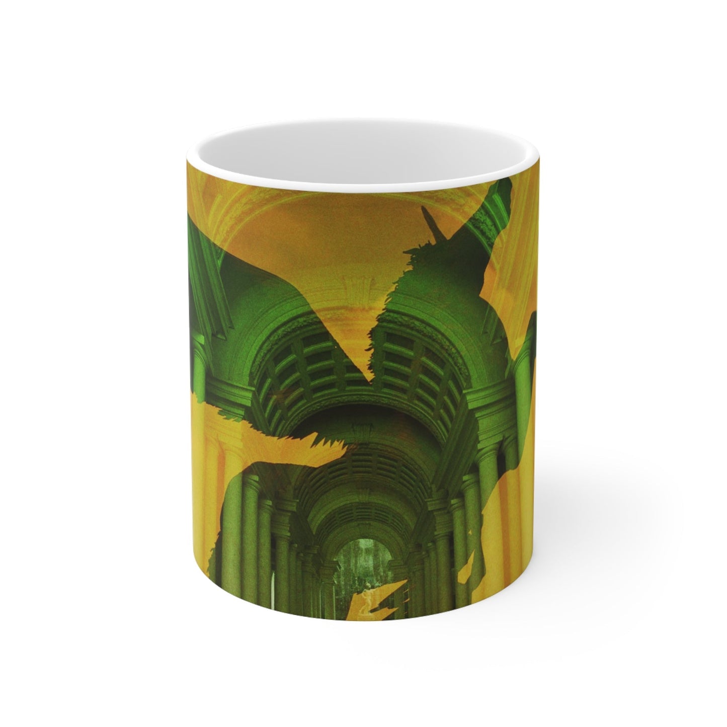 Pegasus white ceramic mug - Green mythological flying horse silhouette against golden classical columned hallway on premium drinkware with white background