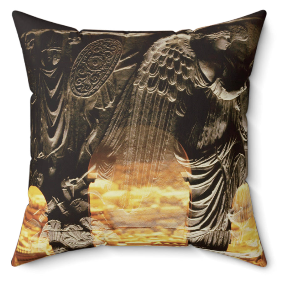 Arch of Victory decorative pillow by Storaro Art Collection - Roman triumphal arch with winged Victory relief in golden sunset atmosphere on premium home decor accessory