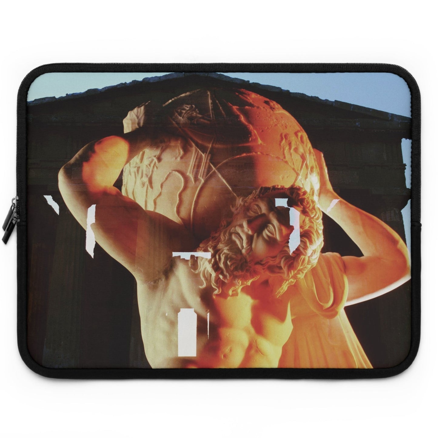 Atlas Temple of Neptune laptop sleeve by Storaro Art Collection - Titan Atlas sculpture at Paestum temple with sunset atmosphere in padded tech protection