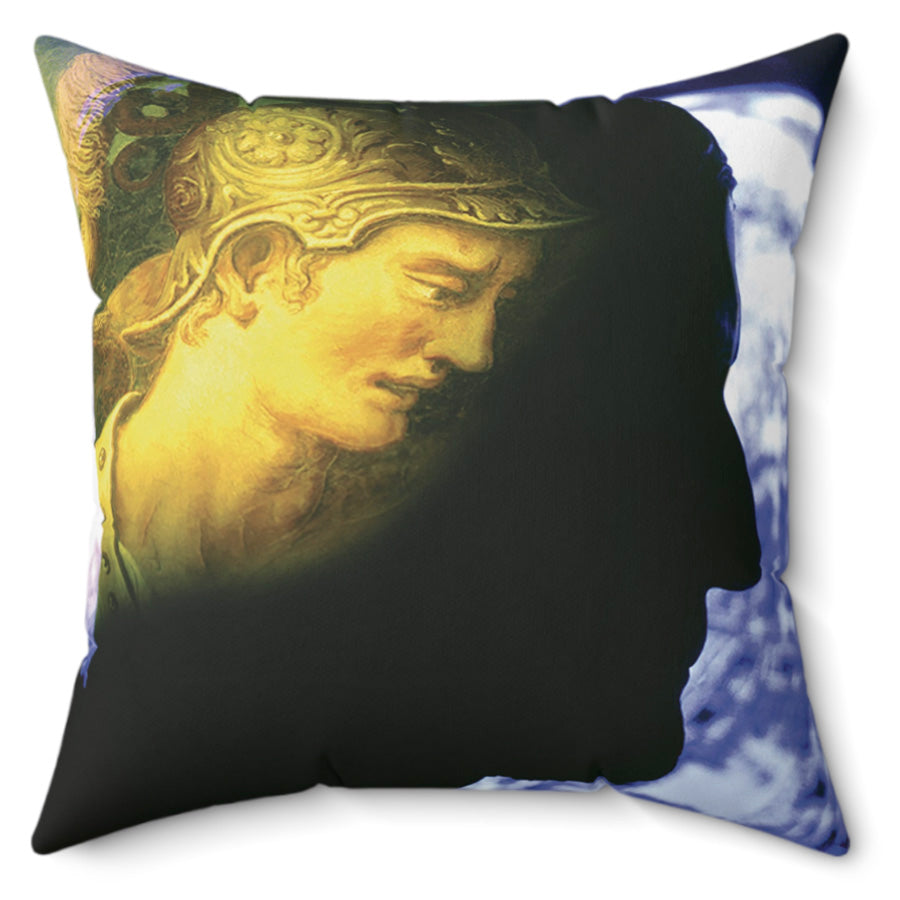 Attack on Rome decorative pillow by Storaro Art Collection - Roman warrior silhouette with ethereal blue atmosphere on premium home decor accessory