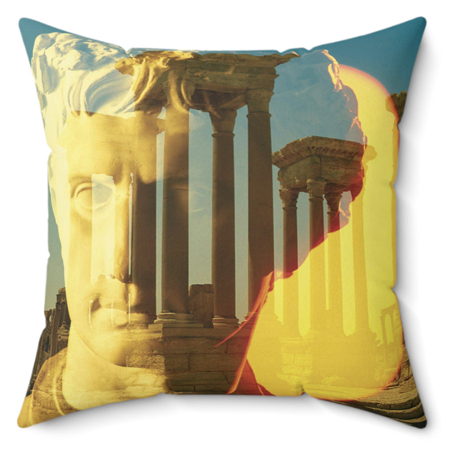 Augustus's Sun on Palmyra decorative pillow by Storaro Art Collection - Emperor Augustus with Palmyra temple ruins in golden sun atmosphere on premium home decor accessory