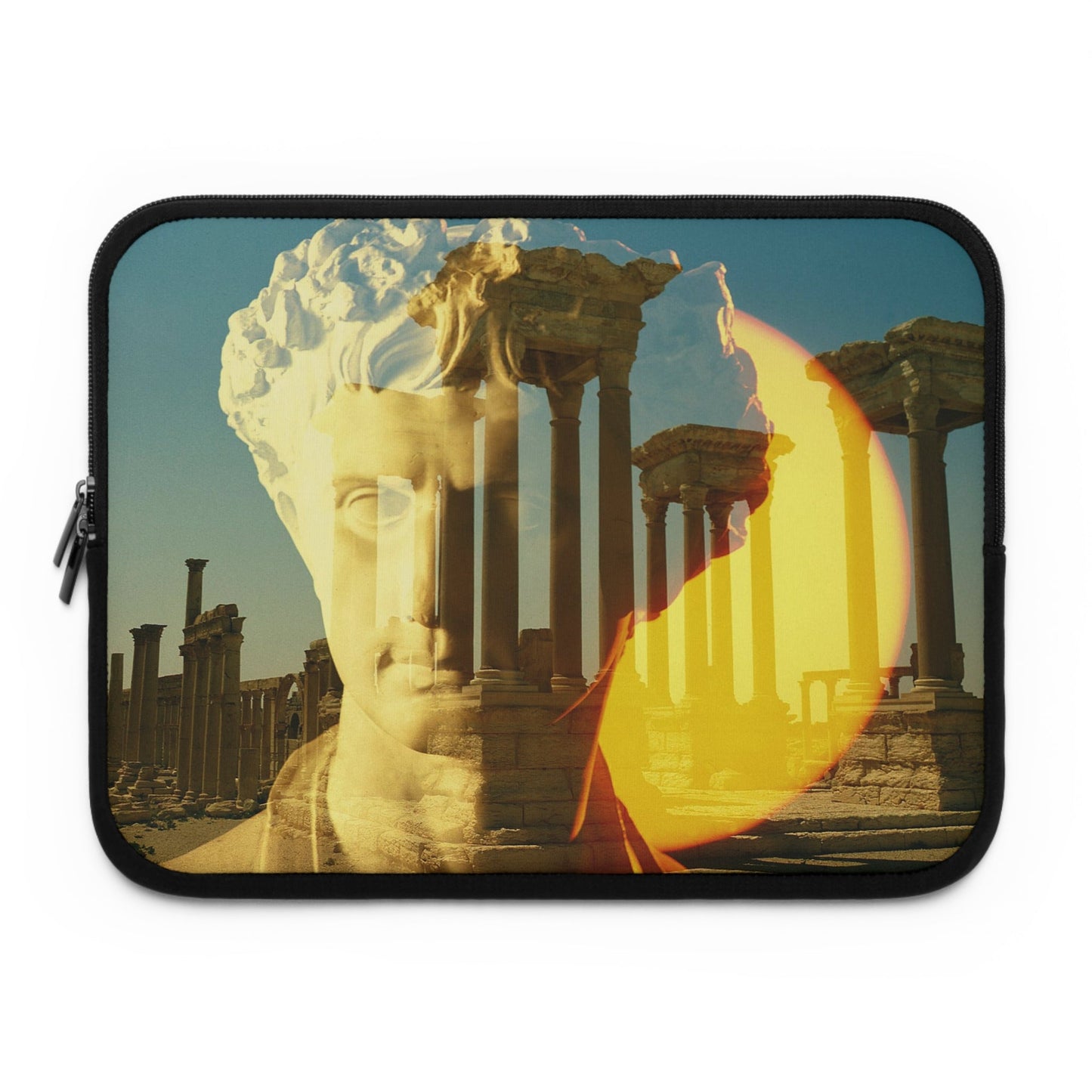 Augustus's Sun on Palmyra laptop sleeve by Storaro Art Collection - Emperor Augustus with Palmyra temple ruins in golden sun atmosphere in padded tech protection