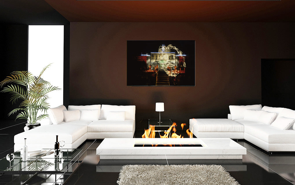 Capitoline Jupiter acrylic print by Storaro Art Collection - Jupiter deity with illuminated neoclassical architecture in dramatic nocturnal atmosphere in luminous premium wall art