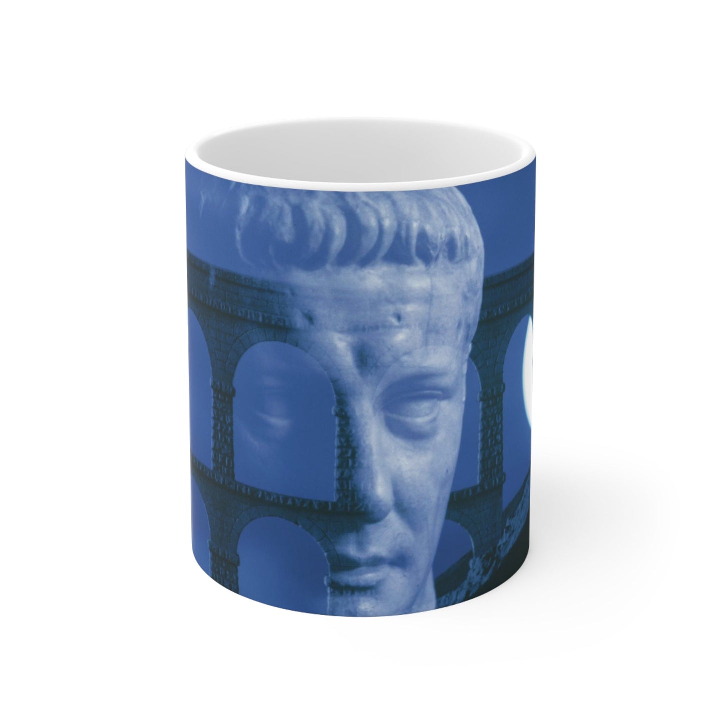 Claudius aqueduct white mug by Storaro Art Collection - Roman emperor with aqueduct architecture in azure monochromatic atmosphere on elegant ceramic drinkware