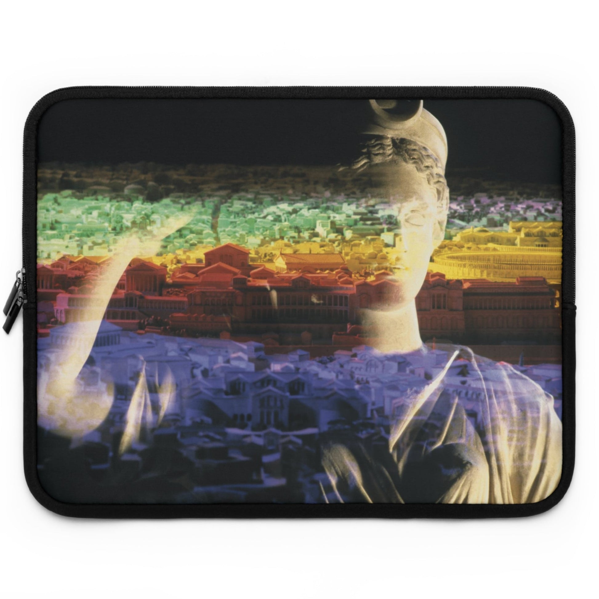 Diana Oversees Rome laptop sleeve by Storaro Art Collection - Diana goddess sculpture with spectral Roman cityscape in divine guardian atmosphere in padded tech protection