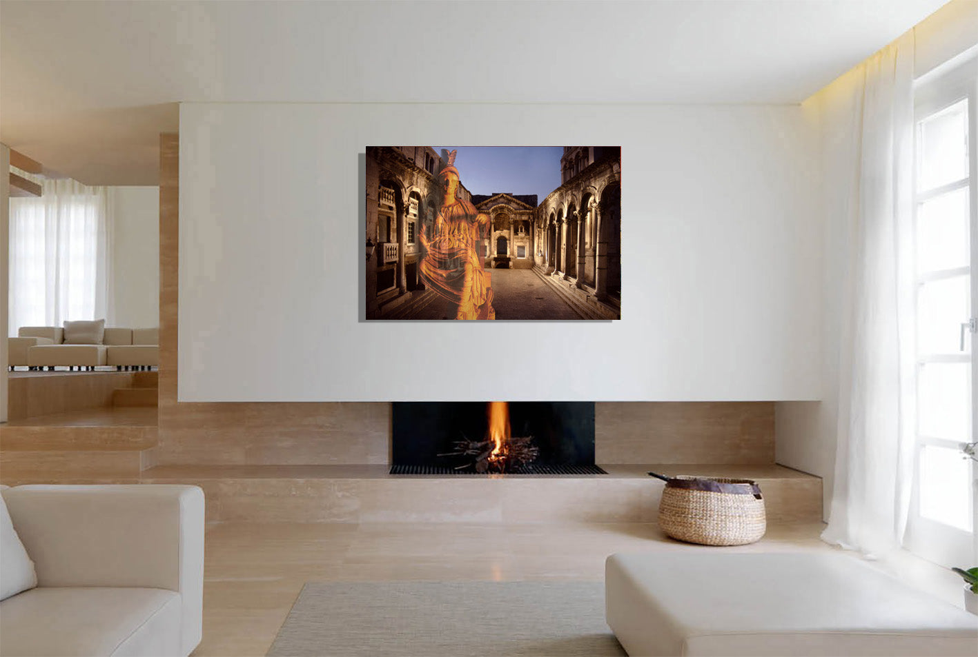 Diocletian's Palace with Goddess Roma canvas print by Storaro Art Collection - Roma goddess sculpture with golden palace architecture in imperial sovereignty atmosphere on museum-quality wall art