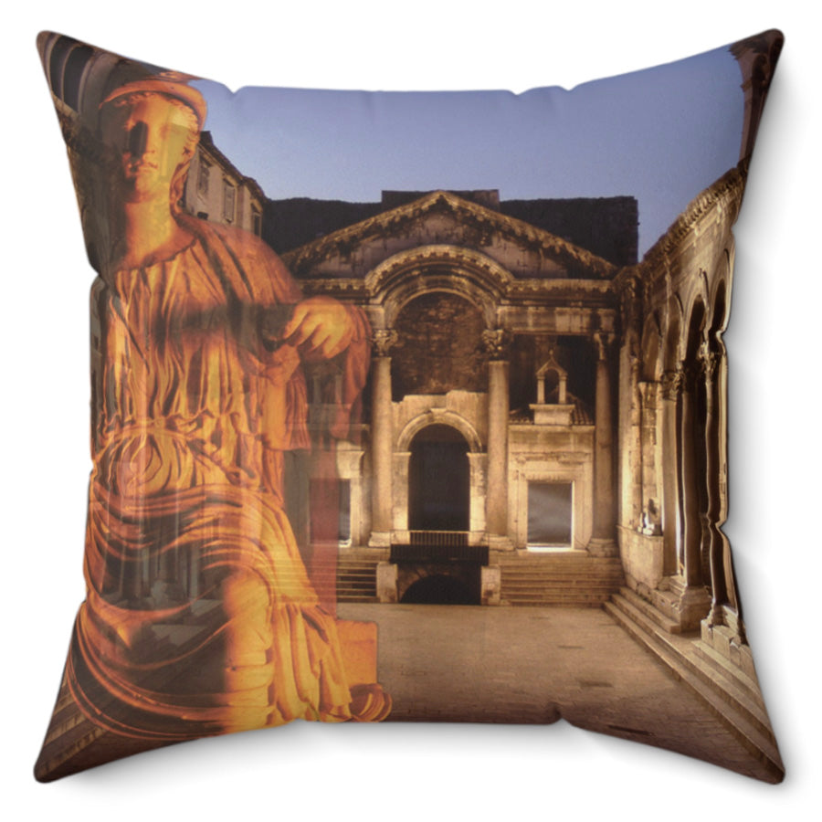 Diocletian's Palace with Goddess Roma decorative pillow by Storaro Art Collection - Roma goddess sculpture with golden palace architecture in imperial sovereignty atmosphere on premium home decor accessory