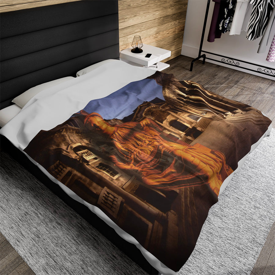 Diocletian's Palace with Goddess Roma luxury blanket by Storaro Art Collection - Roma goddess sculpture with golden palace architecture in imperial sovereignty atmosphere on premium comfort fabric