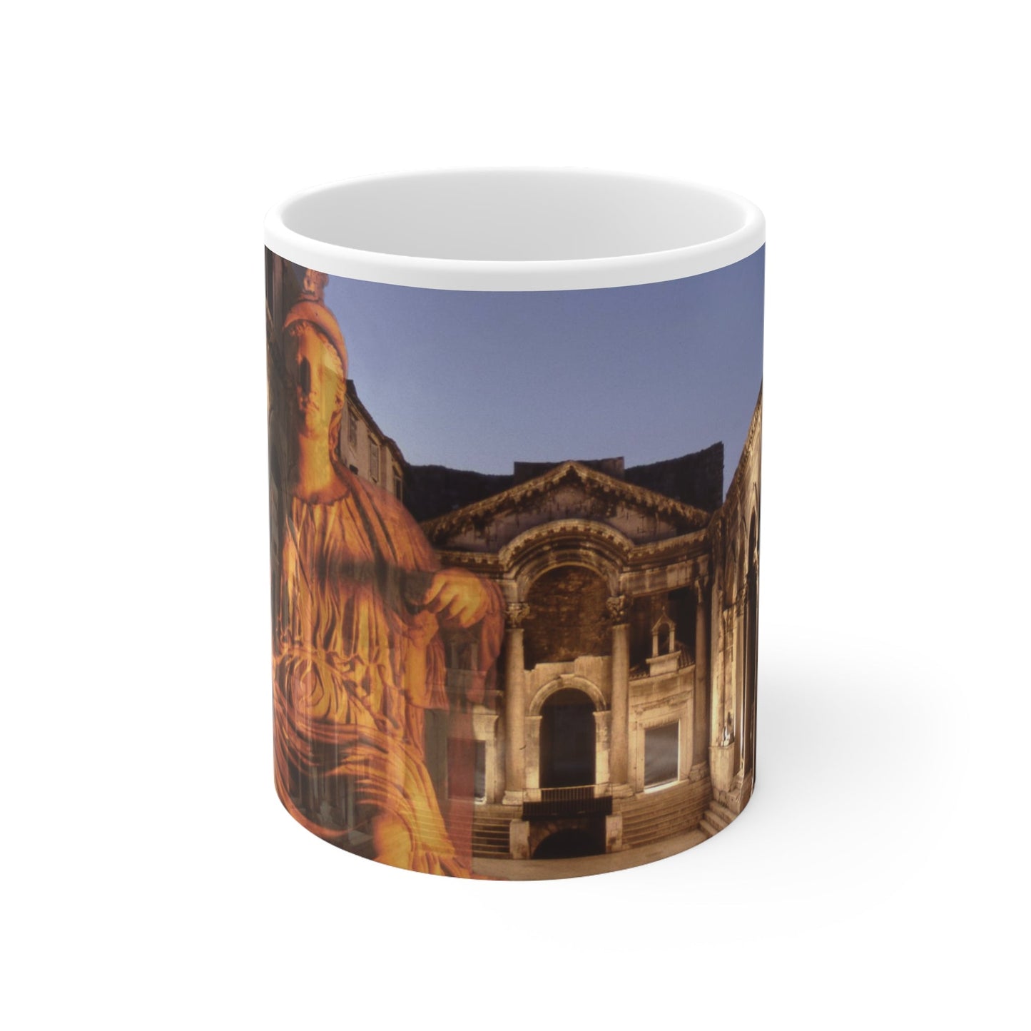 Diocletian's Palace with Goddess Roma white mug by Storaro Art Collection - Roma goddess sculpture with golden palace architecture in imperial sovereignty atmosphere on elegant ceramic drinkware