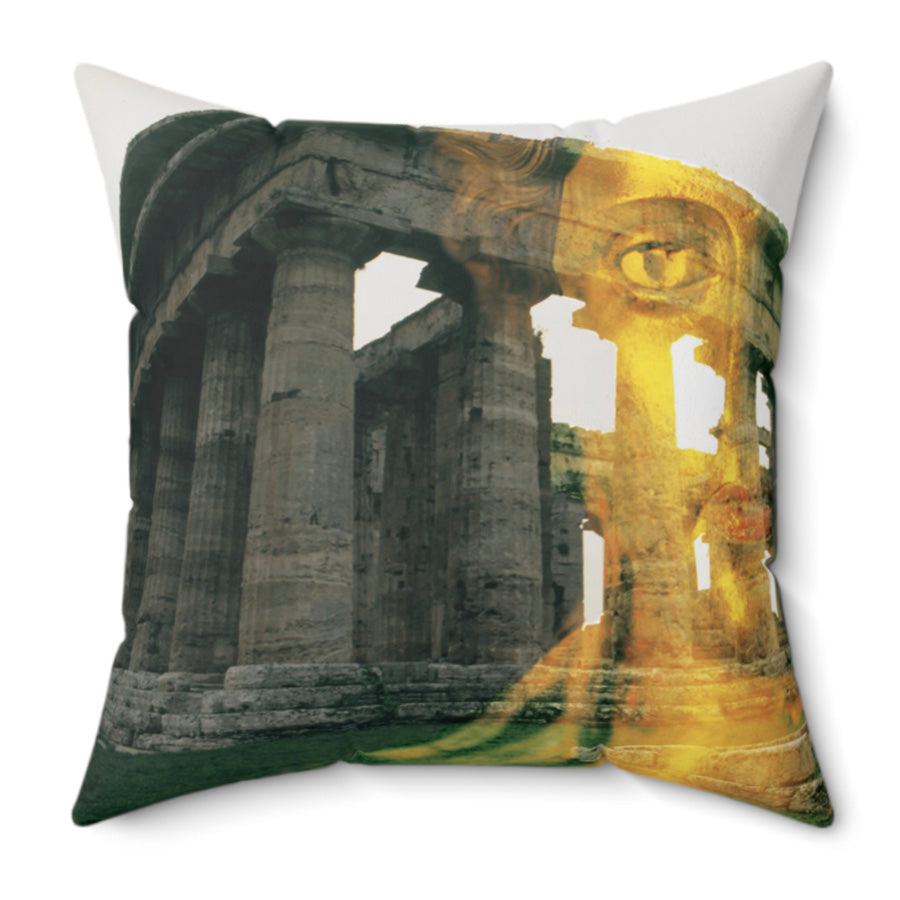 Dionysus and His Temple decorative pillow by Storaro Art Collection - Dionysus god imagery with golden temple architecture in sacred mystical atmosphere on premium home decor accessory