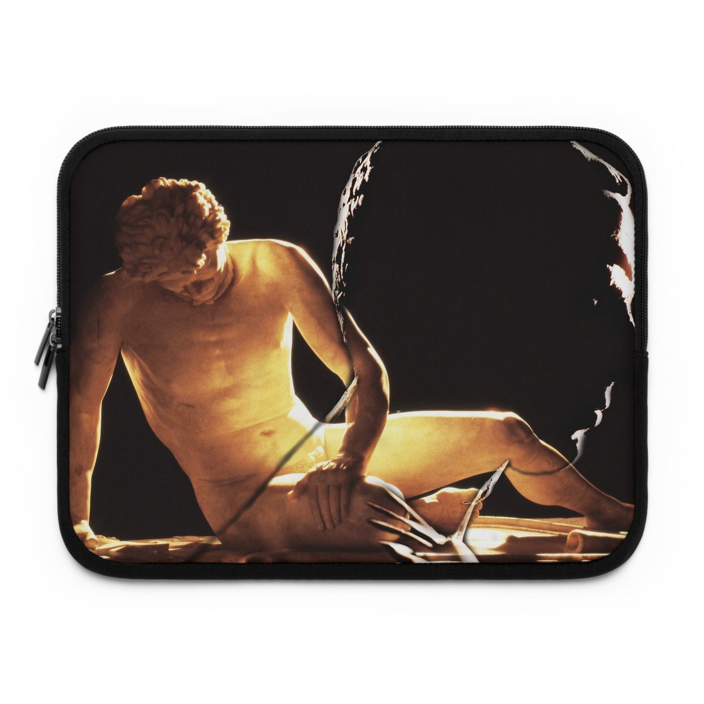 Dying Gaul laptop sleeve by Storaro Art Collection - Dying Gaul sculpture with contemporary figure in golden contemplative atmosphere in padded tech protection