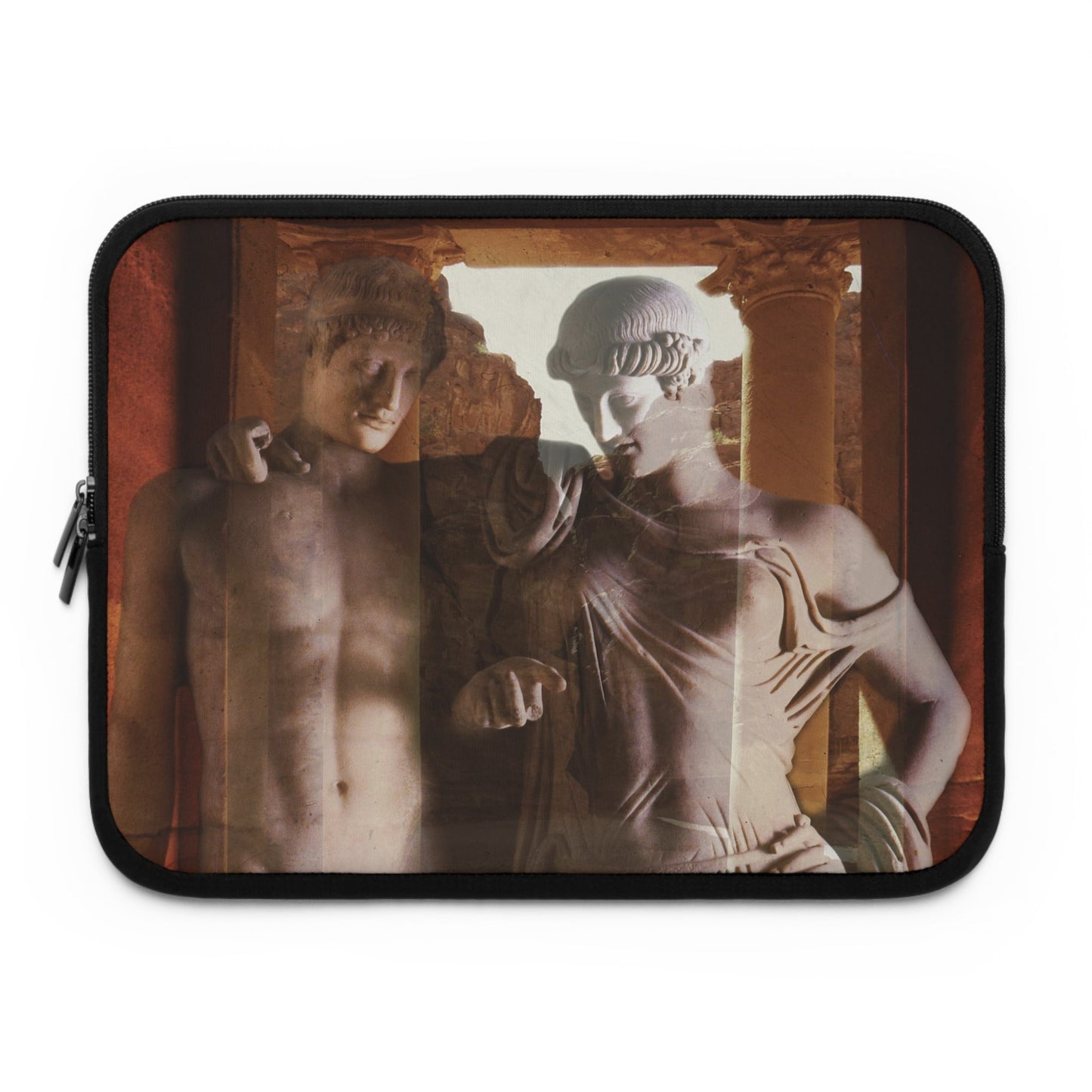 Elettra and Oreste laptop sleeve by Storaro Art Collection - Elettra and Oreste classical sculptures with golden architectural framing in tragic nobility atmosphere in padded tech protection