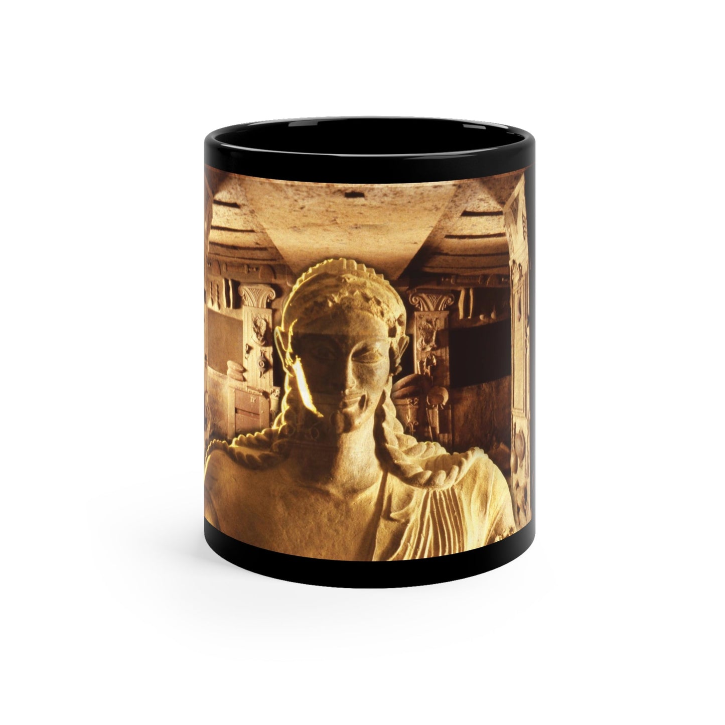 Etruscan Apollo black mug by Storaro Art Collection - Apollo of Veii sculpture with golden sanctuary underground temple architecture in sacred divine atmosphere on sophisticated ceramic drinkware