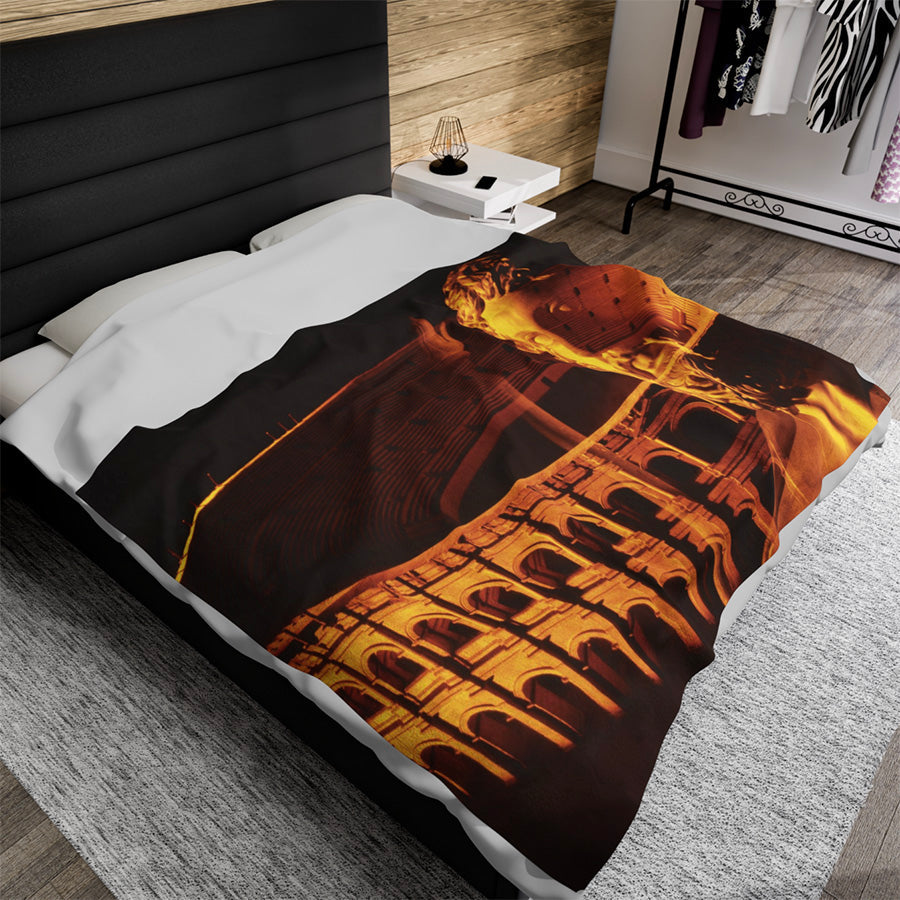 Flavian Amphitheater luxury blanket by Storaro Art Collection - Colosseum architecture with imperial sculpture in golden monumental atmosphere on premium comfort fabric