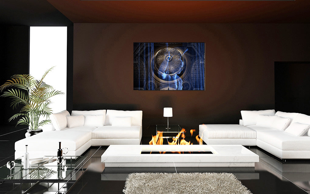 Goddess of Immortality acrylic print by Storaro Art Collection - Roman goddess sculpture with celestial blue dome architecture in divine transcendence atmosphere in premium wall art