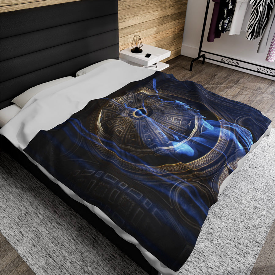 Goddess of Immortality luxury blanket by Storaro Art Collection - Roman goddess sculpture with celestial blue dome architecture in divine transcendence atmosphere on premium comfort fabric