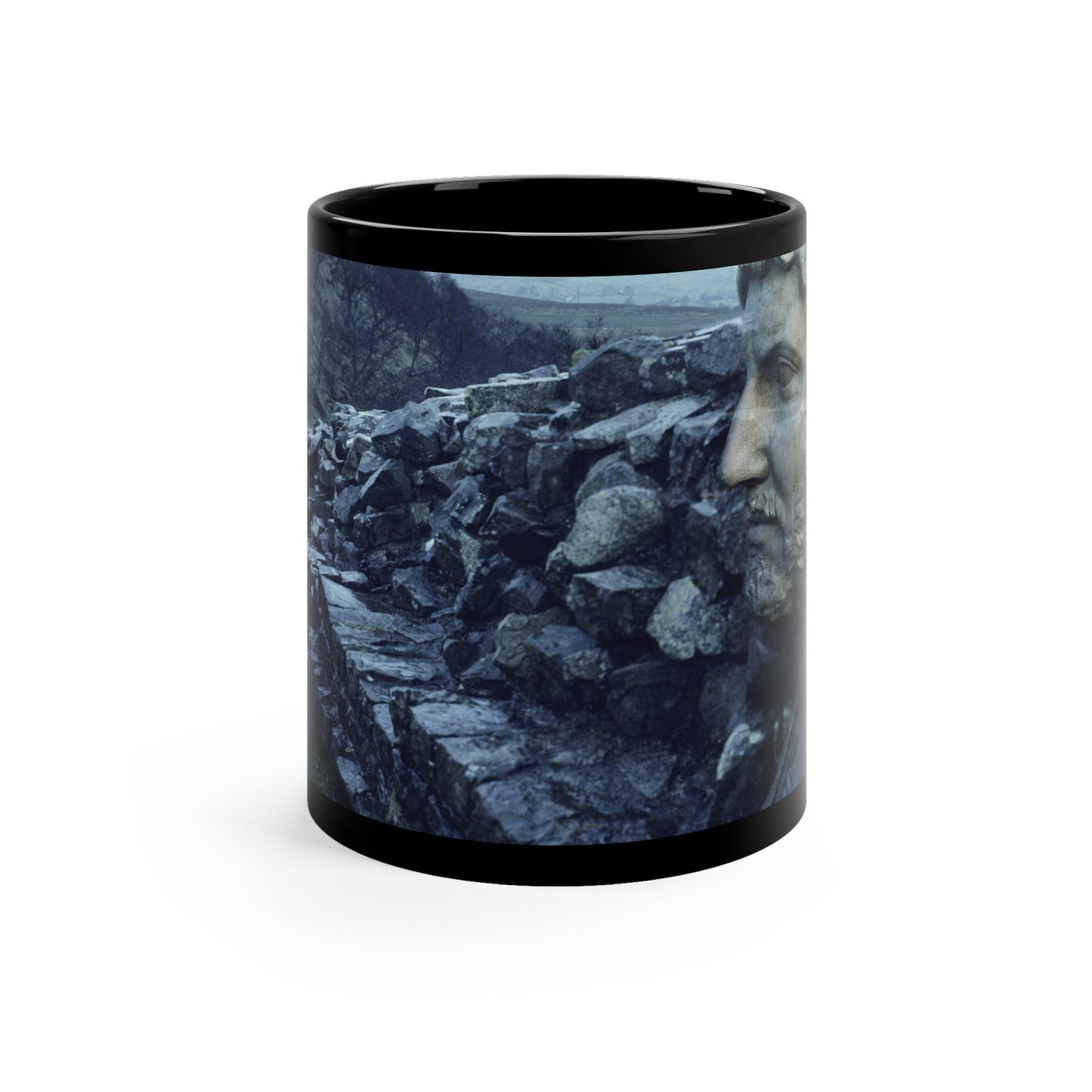 Hadrian's Wall in Britannia black mug by Storaro Art Collection - Roman emperor with frontier wall landscape in cool atmospheric tones on sophisticated ceramic drinkware