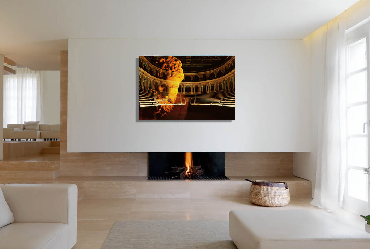Heracles Arena canvas print by Storaro Art Collection - Heracles sculpture with golden Roman amphitheater in heroic fire atmosphere on museum-quality wall art