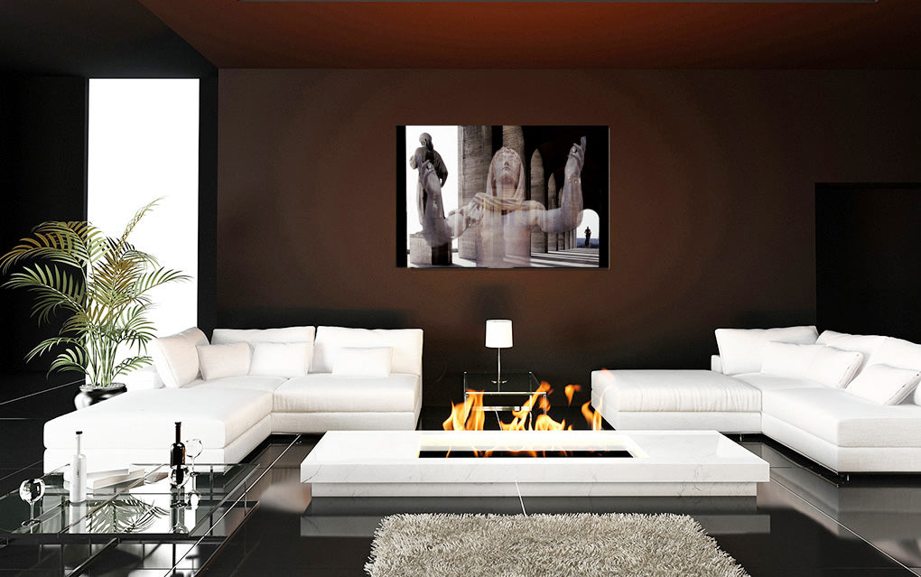 Italic Civilization acrylic print by Storaro Art Collection - Classical Roman statues within dramatic colonnade architecture in luminous premium wall art