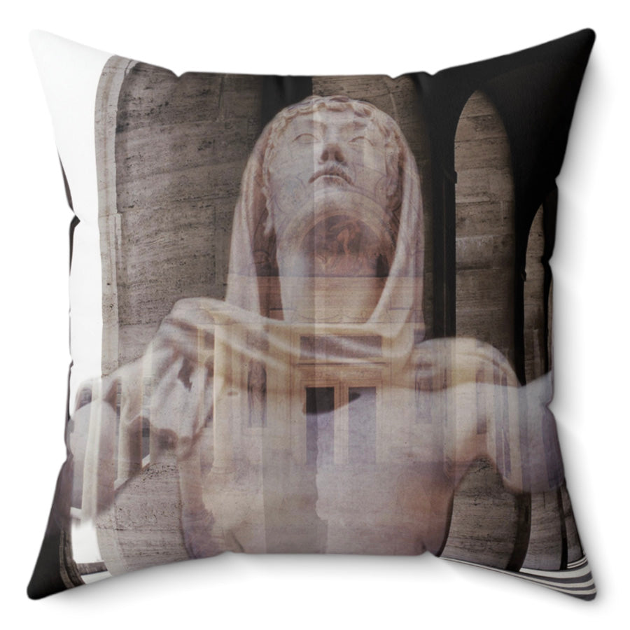 Italic Civilization decorative pillow by Storaro Art Collection - Classical Roman statues within dramatic colonnade architecture on premium home decor accessory