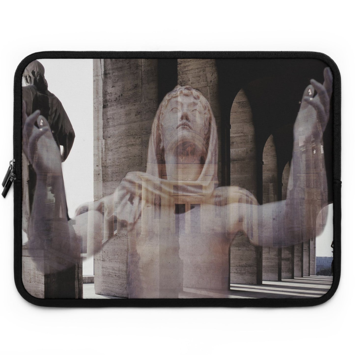 Italic Civilization laptop sleeve by Storaro Art Collection - Classical Roman statues within dramatic colonnade architecture in padded tech protection