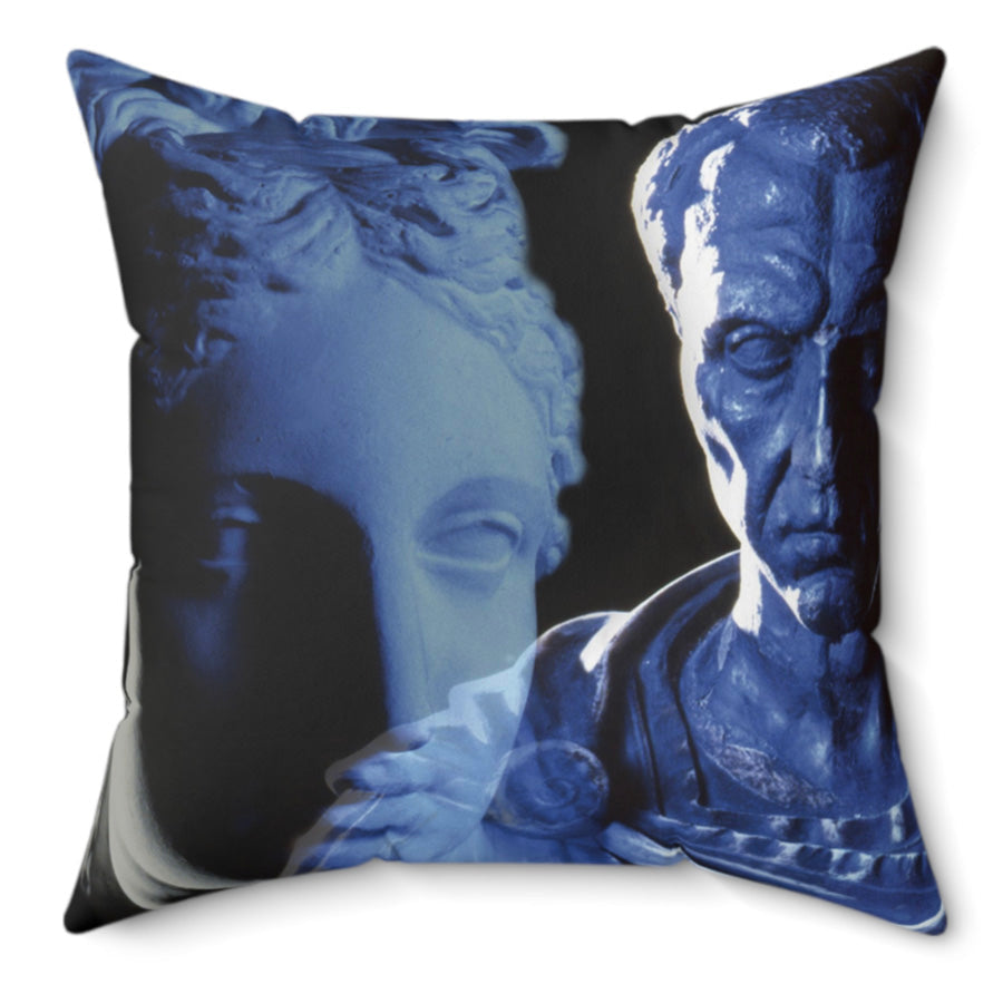 Julius Caesar and Venus decorative pillow by Storaro Art Collection - Caesar portrait with Venus goddess sculpture in celestial blue lighting on premium home decor accessory