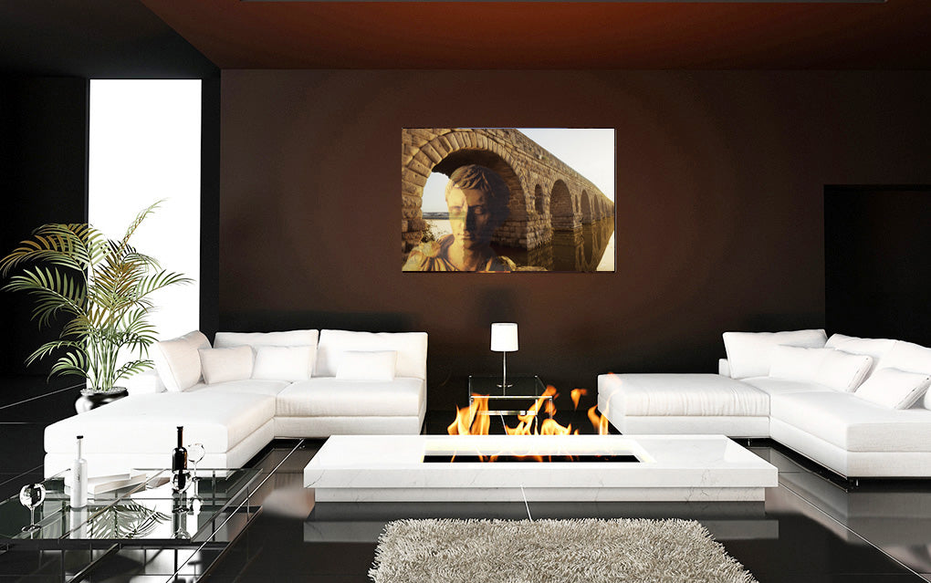 Julius Caesar and the France Bridge acrylic print by Storaro Art Collection - Caesar portrait with Pont du Gard aqueduct bridge in golden stone lighting in premium wall art