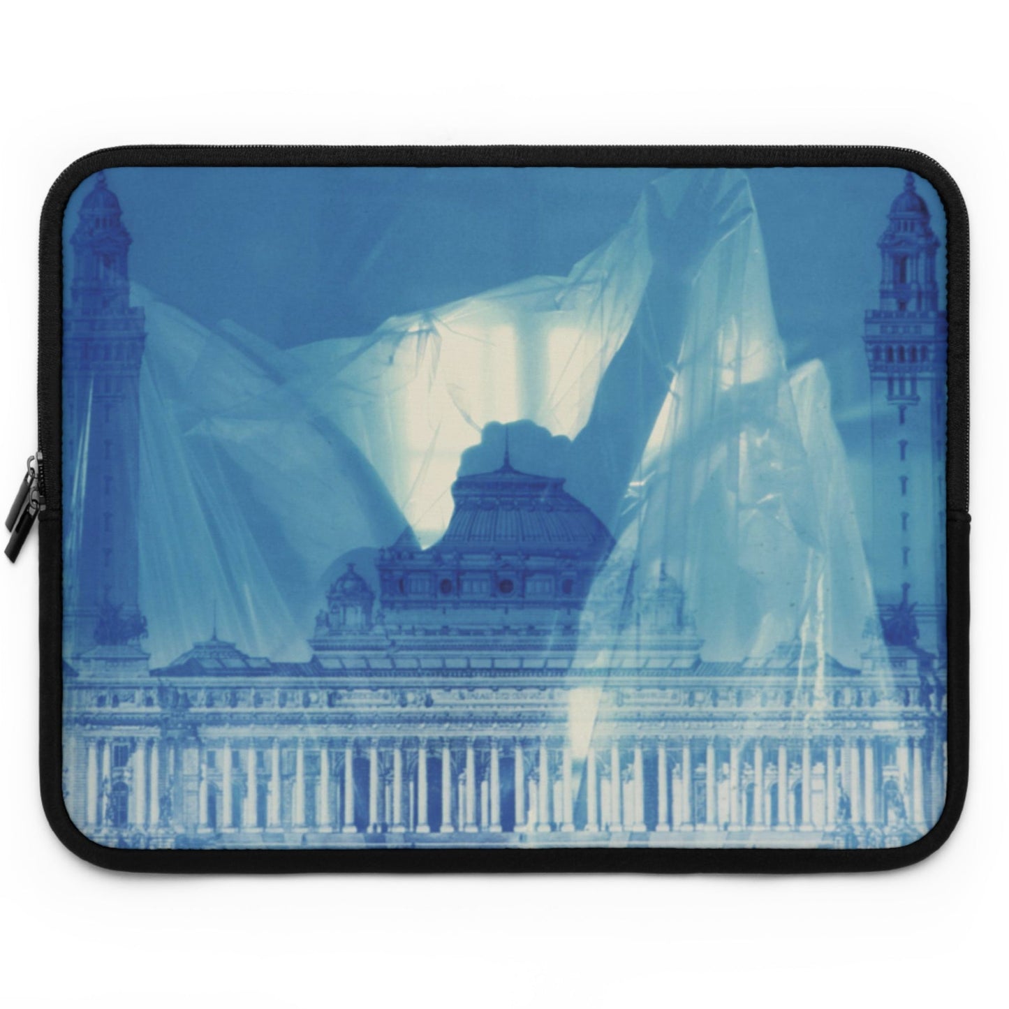 Laptop protective sleeve with ethereal neoclassical building and blue veils