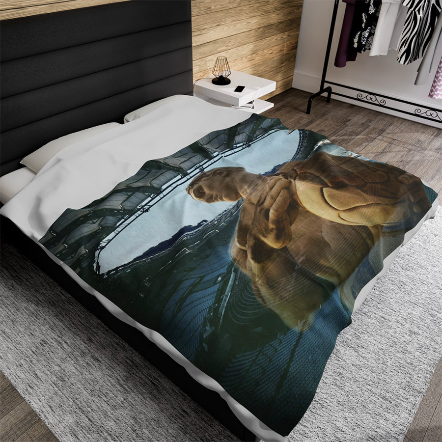 Olympic Stadium in Rome luxury throw blanket - Classical marble athlete statue superimposed on modern Stadio Olimpico architecture on premium soft fabric home accessory