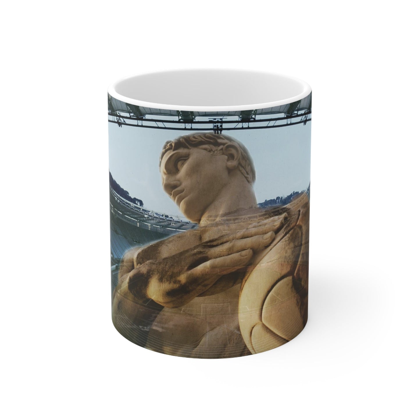 Olympic Stadium in Rome white ceramic mug - Classical marble athlete statue superimposed on modern Stadio Olimpico architecture on premium drinkware with white background