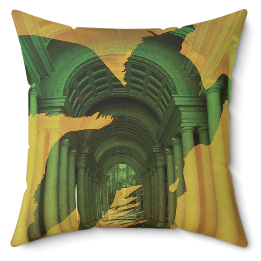 Pegasus decorative pillow - Green mythological flying horse silhouette against golden classical columned hallway on premium square cushion