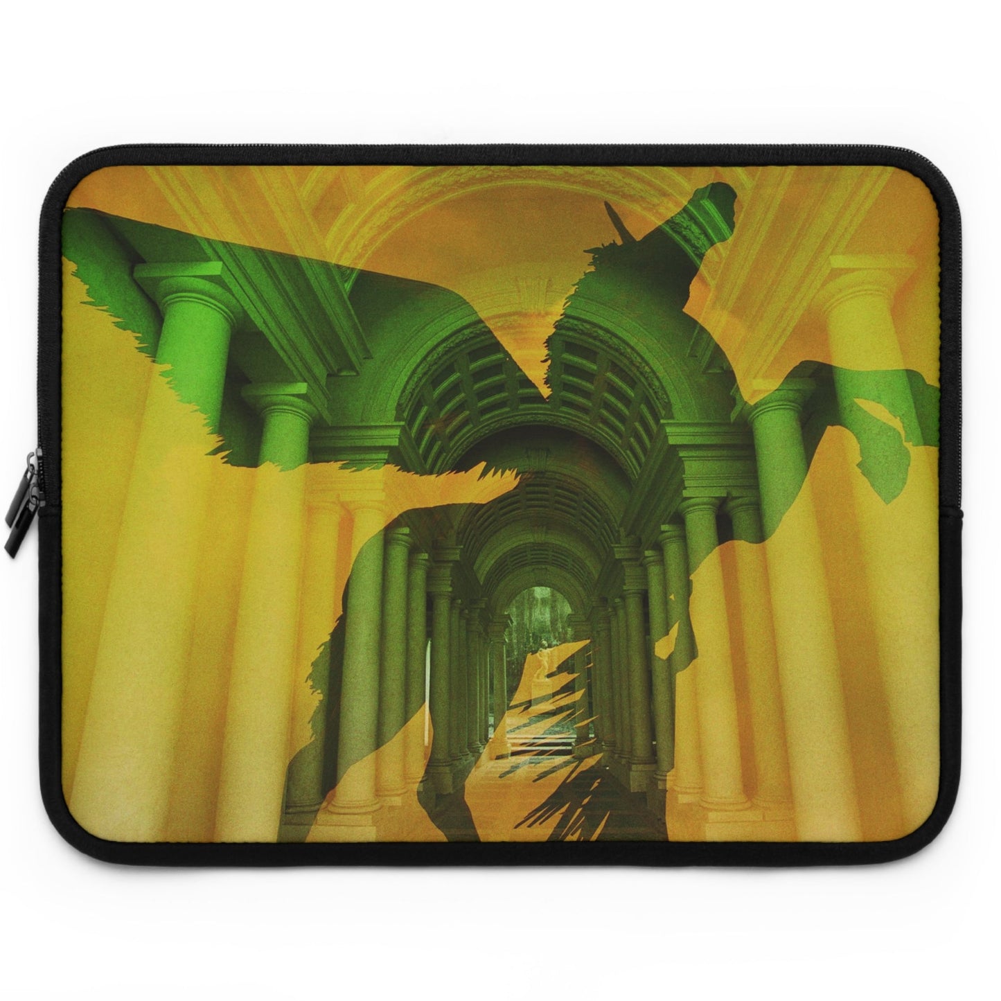 Pegasus laptop sleeve - Green mythological flying horse silhouette against golden classical columned hallway on protective neoprene computer case