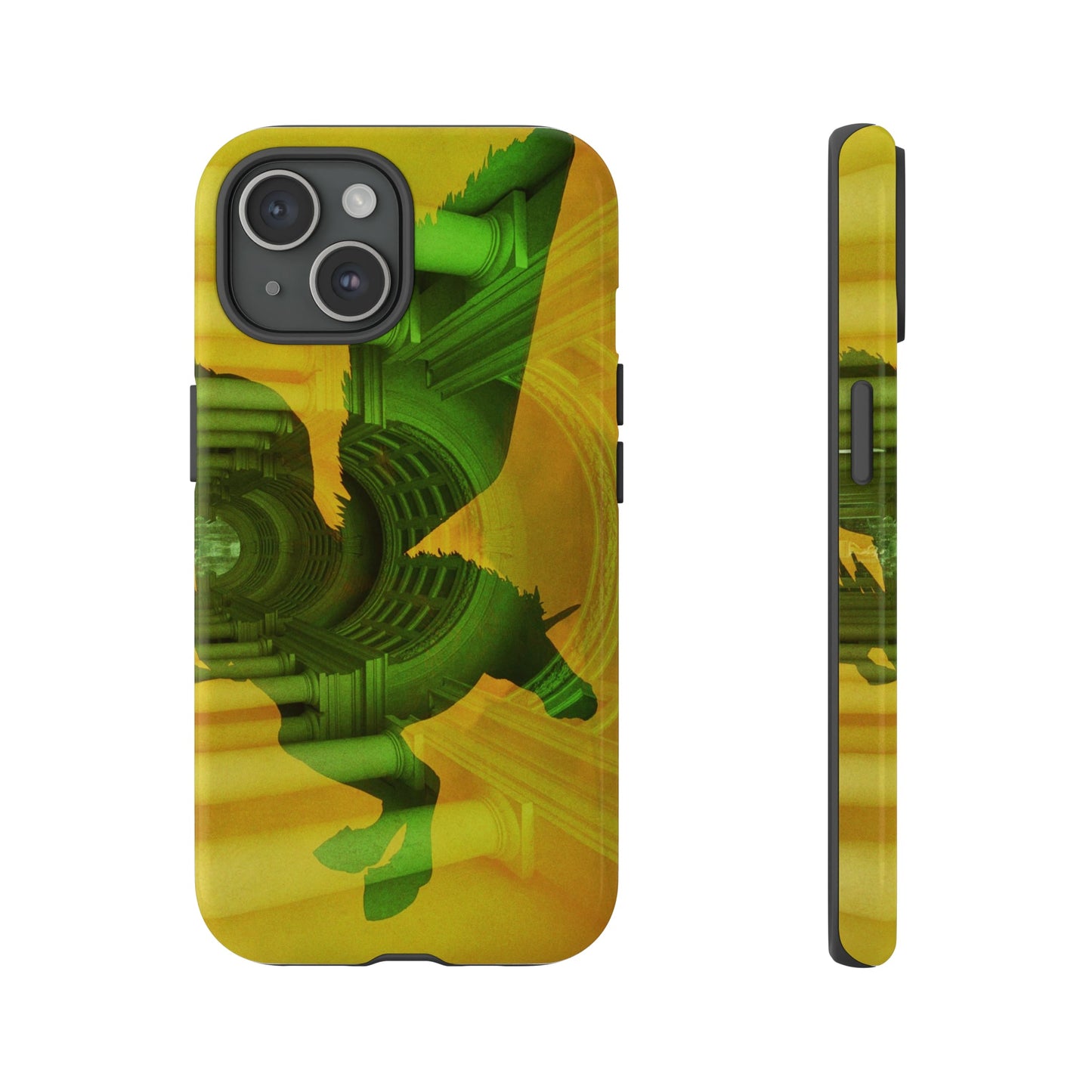 Pegasus protective phone case - Green mythological flying horse silhouette against golden classical columned hallway on slim durable device cover