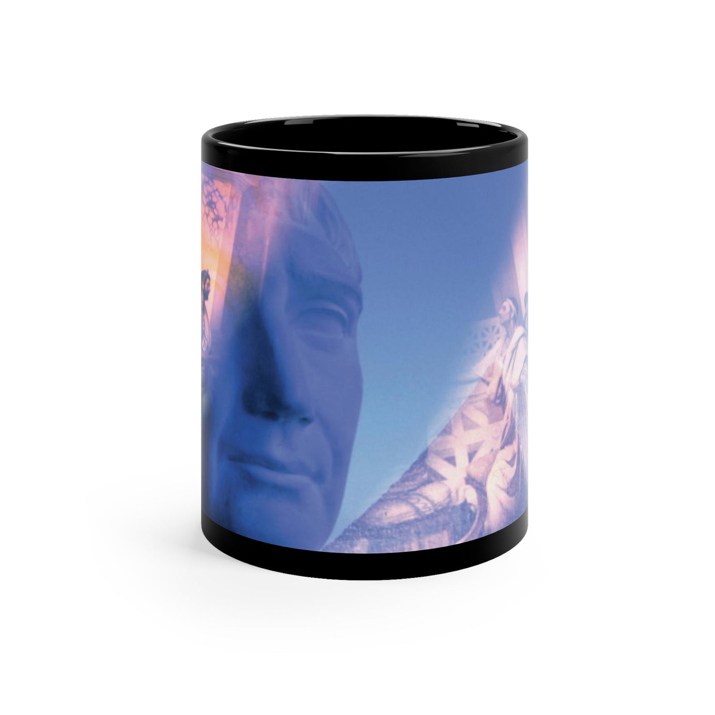 Perpetual Edict black ceramic mug - Roman imperial bust with blue-illuminated legal scene showing the expansion of citizenship on premium drinkware with black background