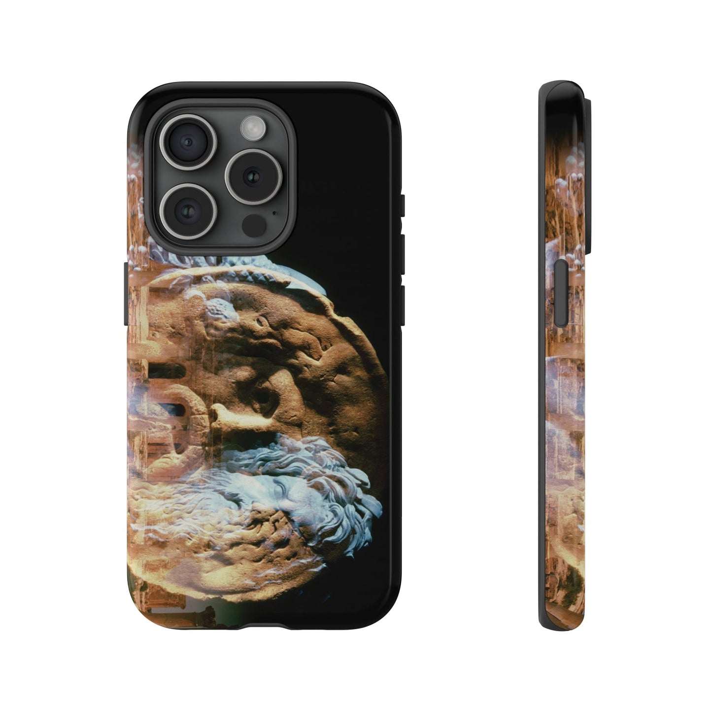 River Divinity protective phone case - Classical river god sculpture with flowing beard superimposed on ancient temple ruins in amber light on slim durable device cover