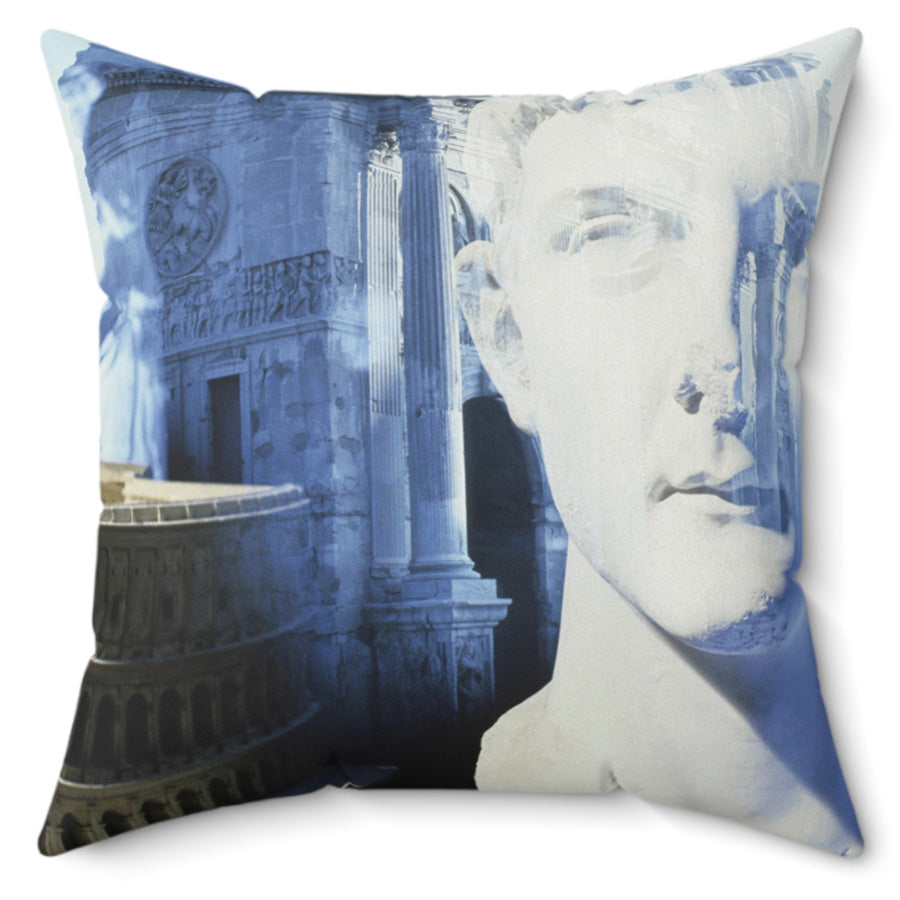 Roma decorative pillow - Classical Roman bust with Colosseum and Arch of Constantine in atmospheric blue light on premium square cushion