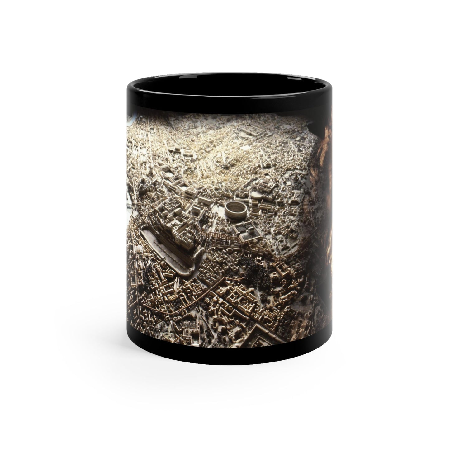 Rome and Its Capitoline Jupiter black ceramic mug - Classical Jupiter statue with aerial Rome view in golden double exposure on premium black drinkware