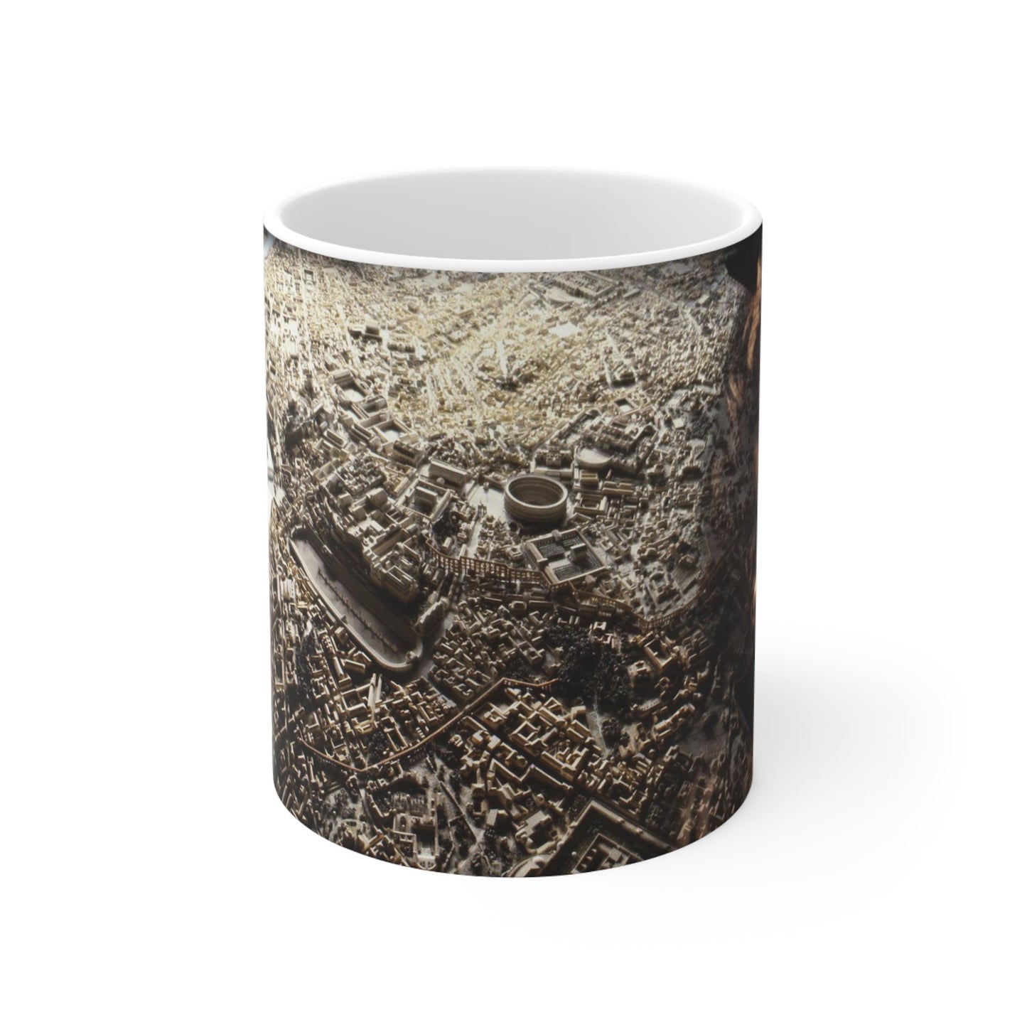 Rome and Its Capitoline Jupiter white ceramic mug - Classical Jupiter statue with aerial Rome view in golden double exposure on premium drinkware