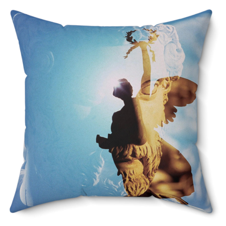 Septimius Severus and His Laurel Wreath decorative pillow - Classical emperor bust with Winged Victory silhouette in golden blue double exposure on premium square cushion