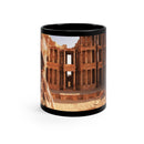 Septimius Severus and Theater of Sabratha black ceramic mug - Classical emperor bust with Roman theater ruins in golden terracotta double exposure on premium black drinkware