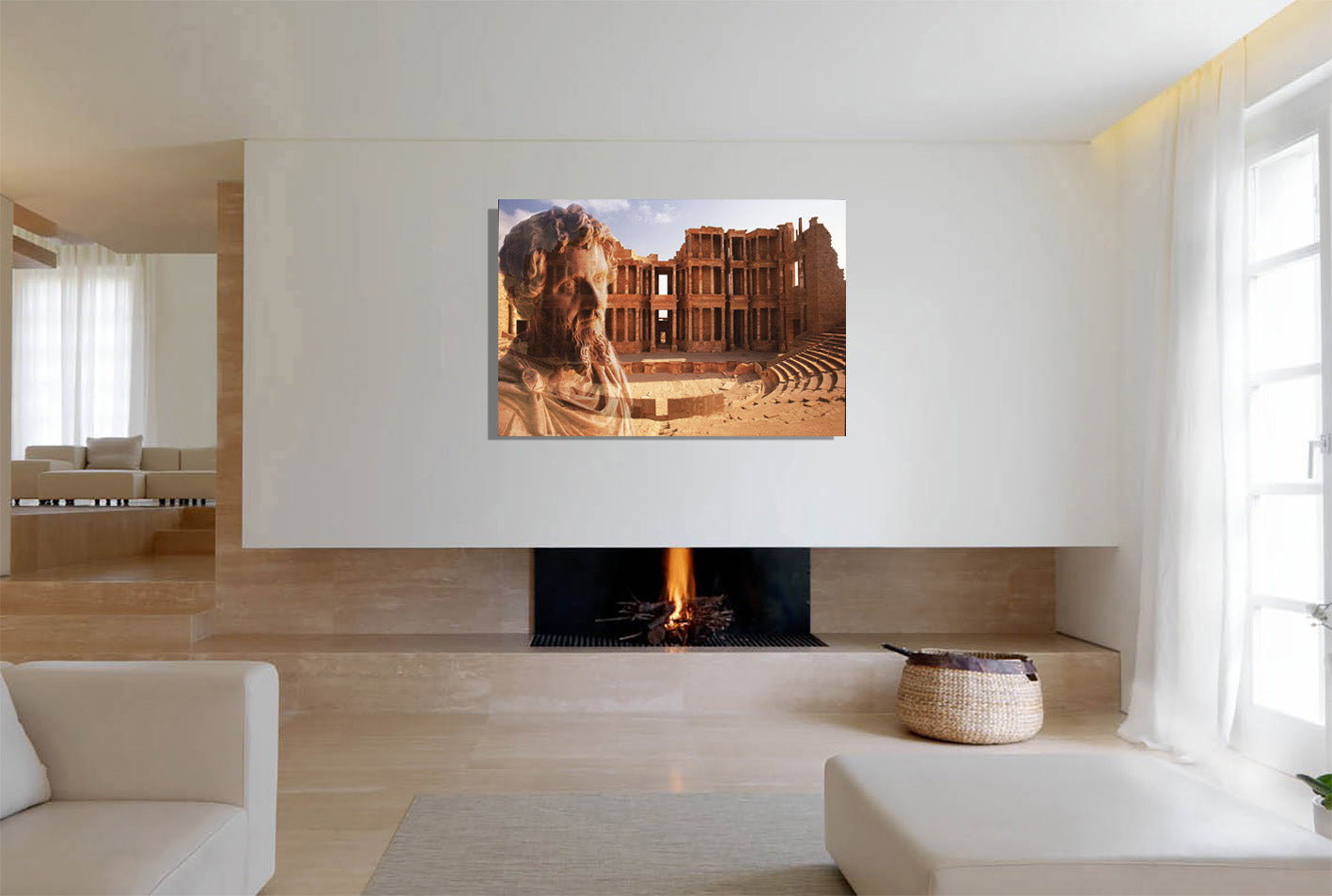 Septimius Severus and Theater of Sabratha canvas print by Storaro - Classical emperor bust with Roman theater ruins in golden terracotta double exposure on premium gallery canvas