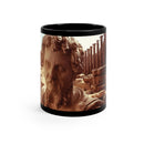 Septimius Severus in Leptis Magna black ceramic mug - Classical emperor bust with North African archaeological ruins in golden double exposure on premium black drinkware
