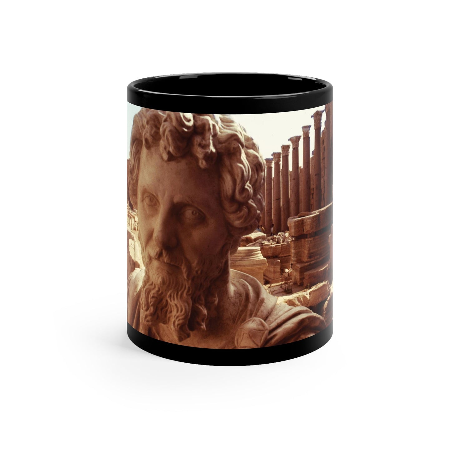 Septimius Severus in Leptis Magna black ceramic mug - Classical emperor bust with North African archaeological ruins in golden double exposure on premium black drinkware