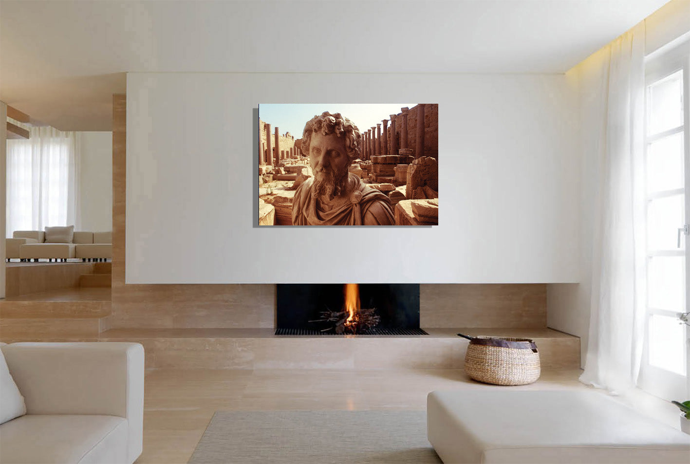 Septimius Severus in Leptis Magna canvas print by Storaro - Classical emperor bust with North African archaeological ruins in golden double exposure on premium gallery canvas