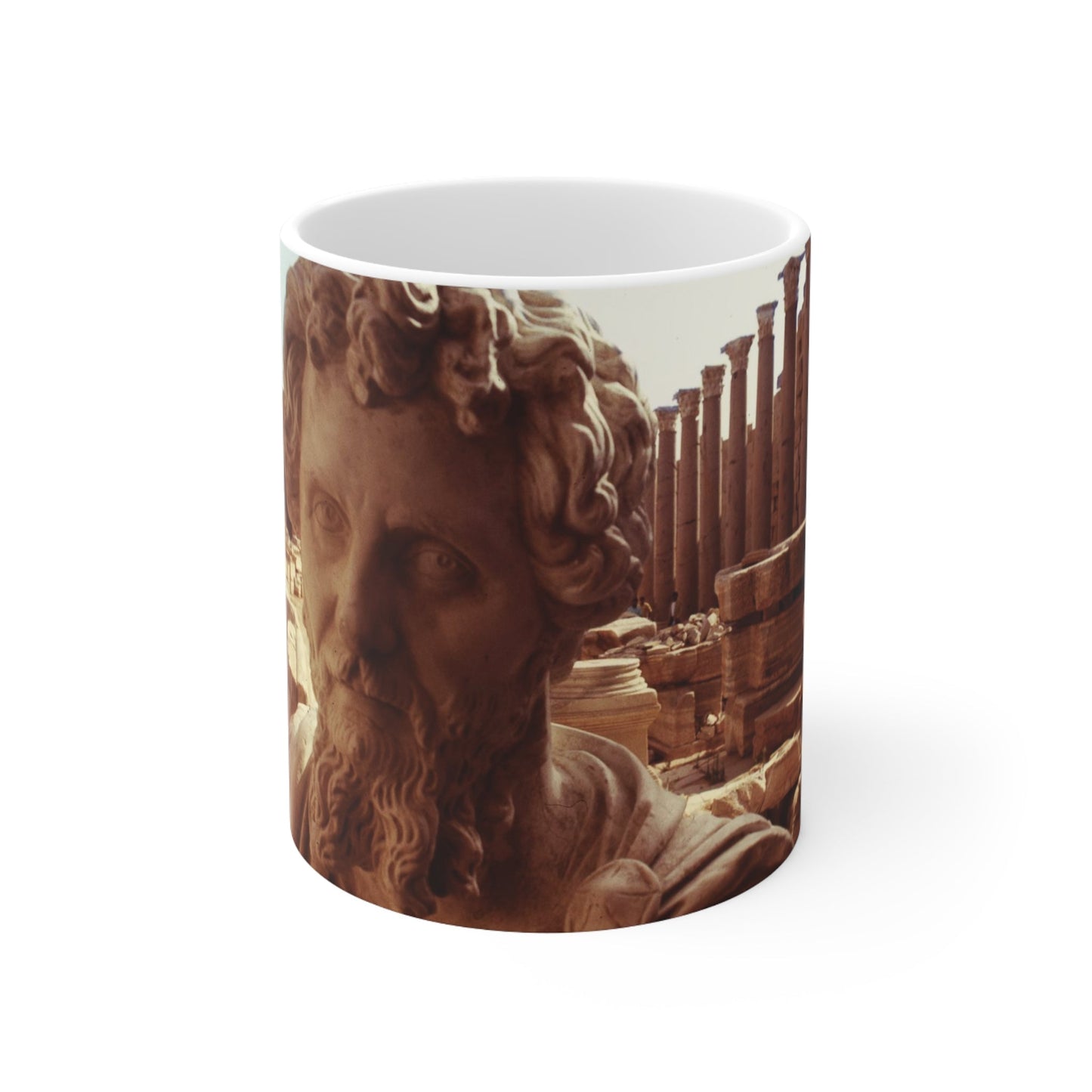 Septimius Severus in Leptis Magna white ceramic mug - Classical emperor bust with North African archaeological ruins in golden double exposure on premium drinkware