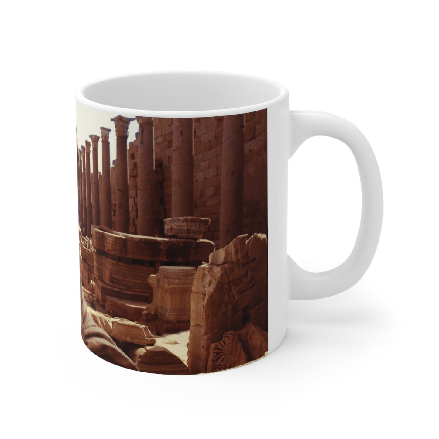 11oz white coffee mug displaying a detailed illustration of Septimius Severus, the Roman Emperor born in Leptis Magna, North Africa, ideal for collectors of historical memorabilia
