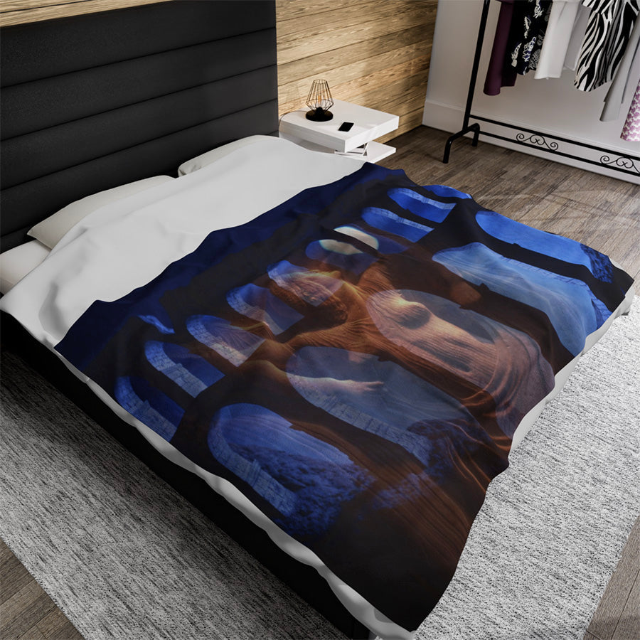 The Aqueduct and His Goddess luxury blanket by Storaro - Divine goddess protecting Roman aqueduct in luminous twilight blue double exposure on premium fabric