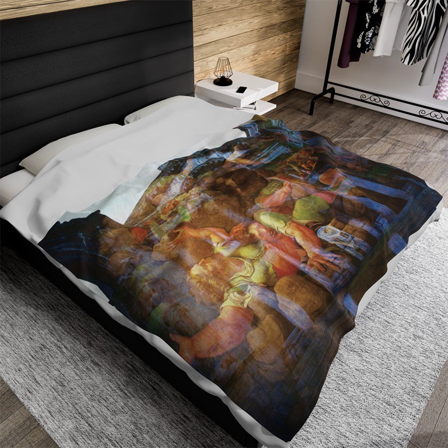 The Fall of the Titans luxury blanket by Storaro - Epic mythological conflict within Roman architecture in vibrant layered double exposure on premium fabric