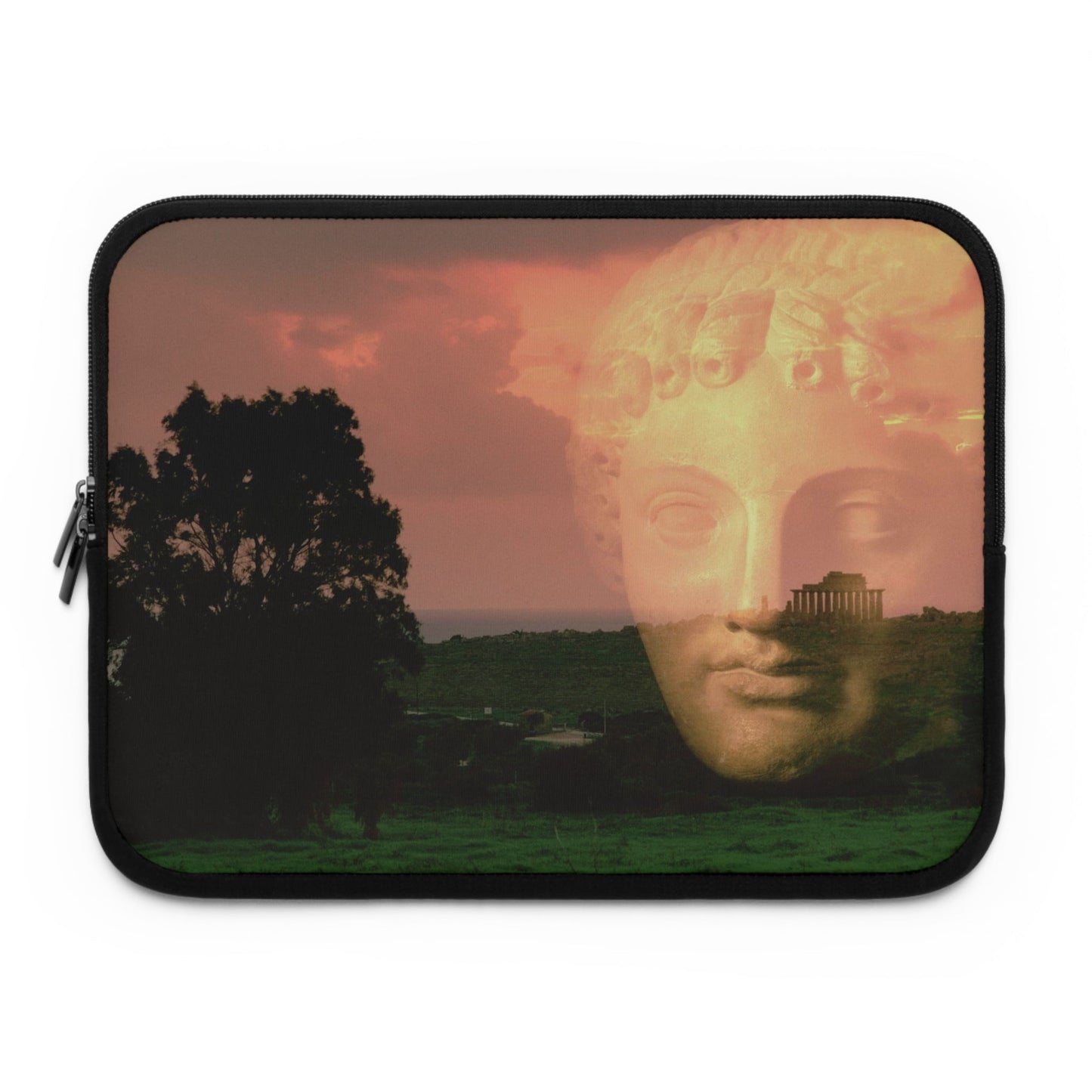 The Memory of Troy laptop sleeve by Storaro Art Collection - Classical warrior face with pastoral landscape in golden sunset on premium tech protection
Product Description: